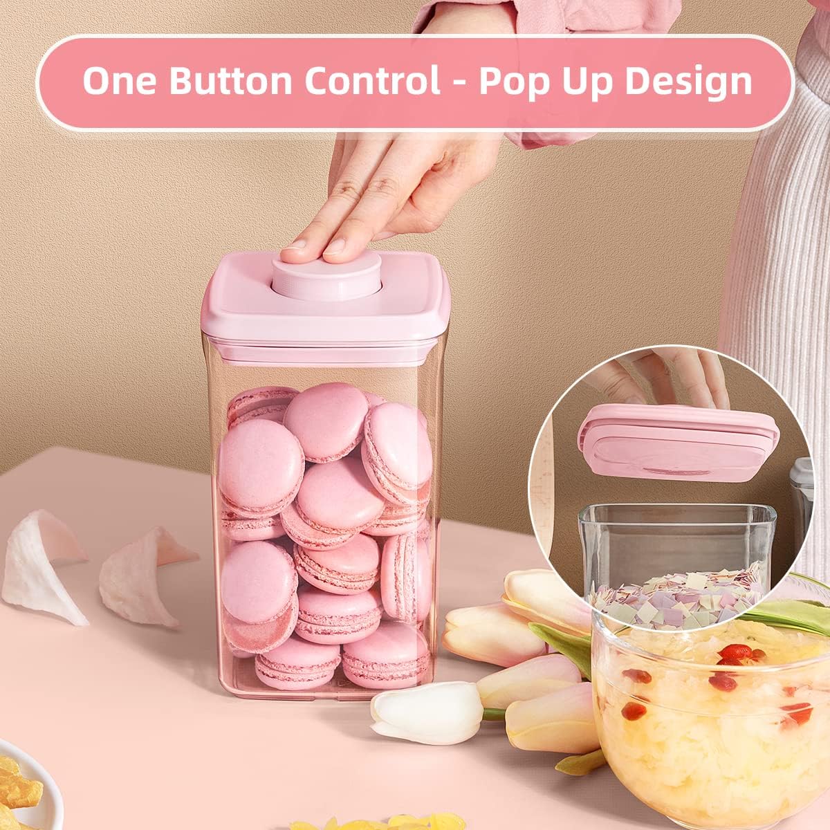 Ankou Airtight Container Set - (380ml 4 Pcs) Stackable One Button Openning Food Containers for Snacks Candy Salt Herbs Spices BPA-Free Tranparent (0.32 QT * 4)