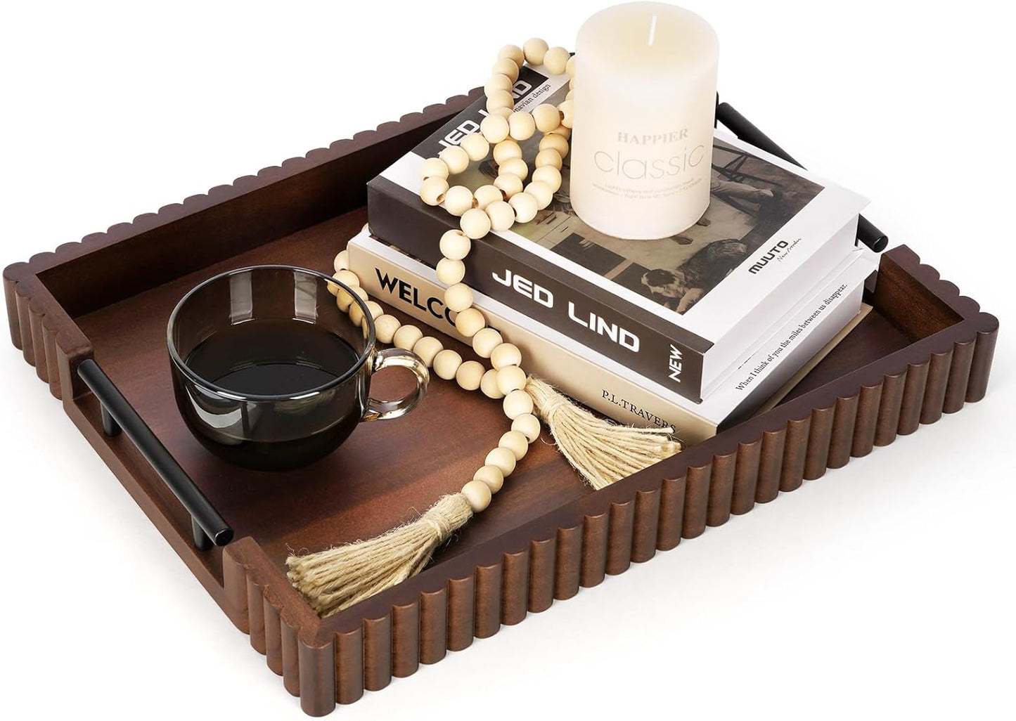 Acacia Wood Decorative Serving Tray with Handles, 16.7" x 12.8" Large Wooden Ottoman Tray for Living Room, Coffee Table Tray Decor for Food, Dinner, Tea or Breakfast in Bed (Natural)