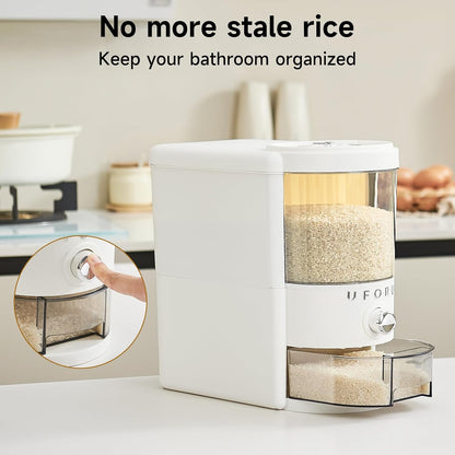 UFORU Rice Dispenser, Rice Storage Container with Measuring Cup for Kitchen Pantry Household, Dry Food Storage Containers Airtight, Sealed Moisture Proof (White 11Lbs)