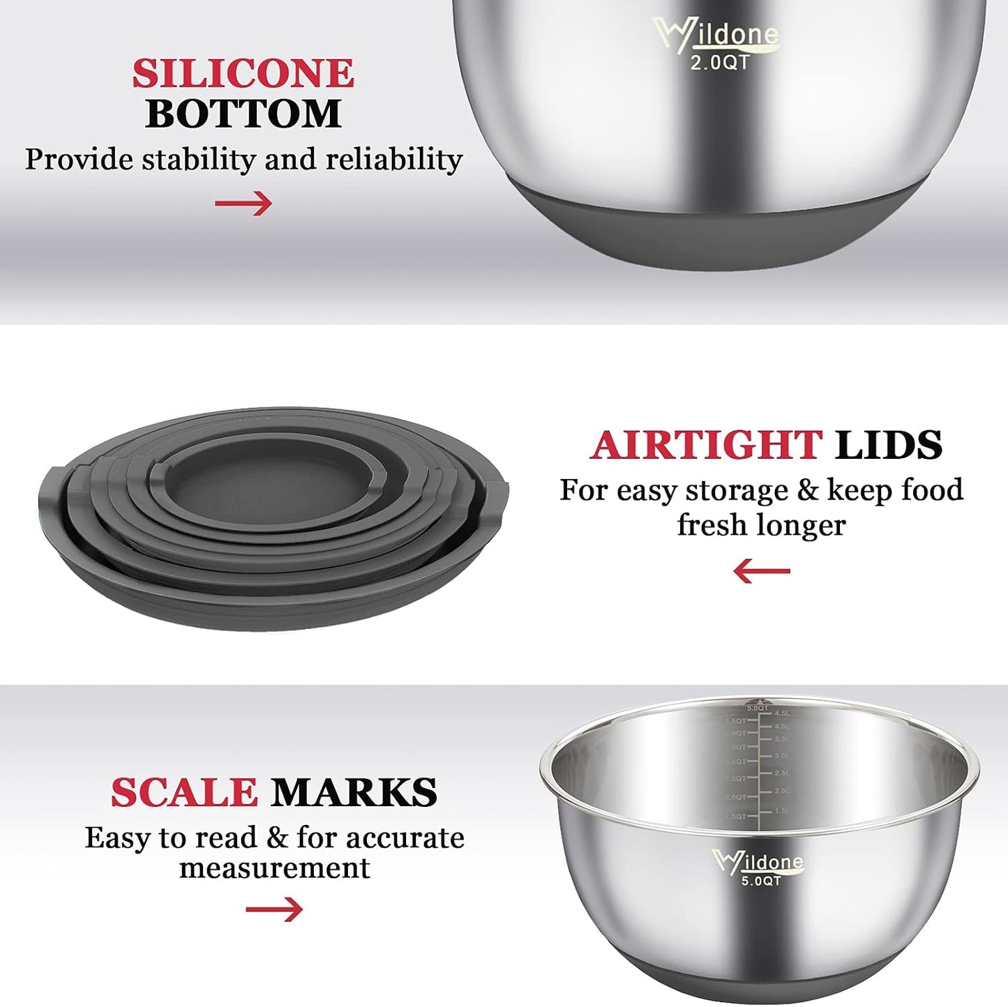 Wildone Mixing Bowls with Airtight Lids, 22 PCS Stainless Steel Nesting Bowls, with 3 Grater Attachments, Scale Marks & Non-Slip Bottom, Size 5, 4, 3, 2,1.5, 0.63QT, Ideal for Mixing & Prepping