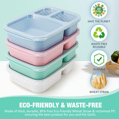Caperci Bento Lunch Box Containers for Adults & Kids - 3-Compartment Reusable Meal Prep Containers with 2 Sauce Containers for School, Work, Travel, Wheat Straw, 4-Pack (Vintage Colors)