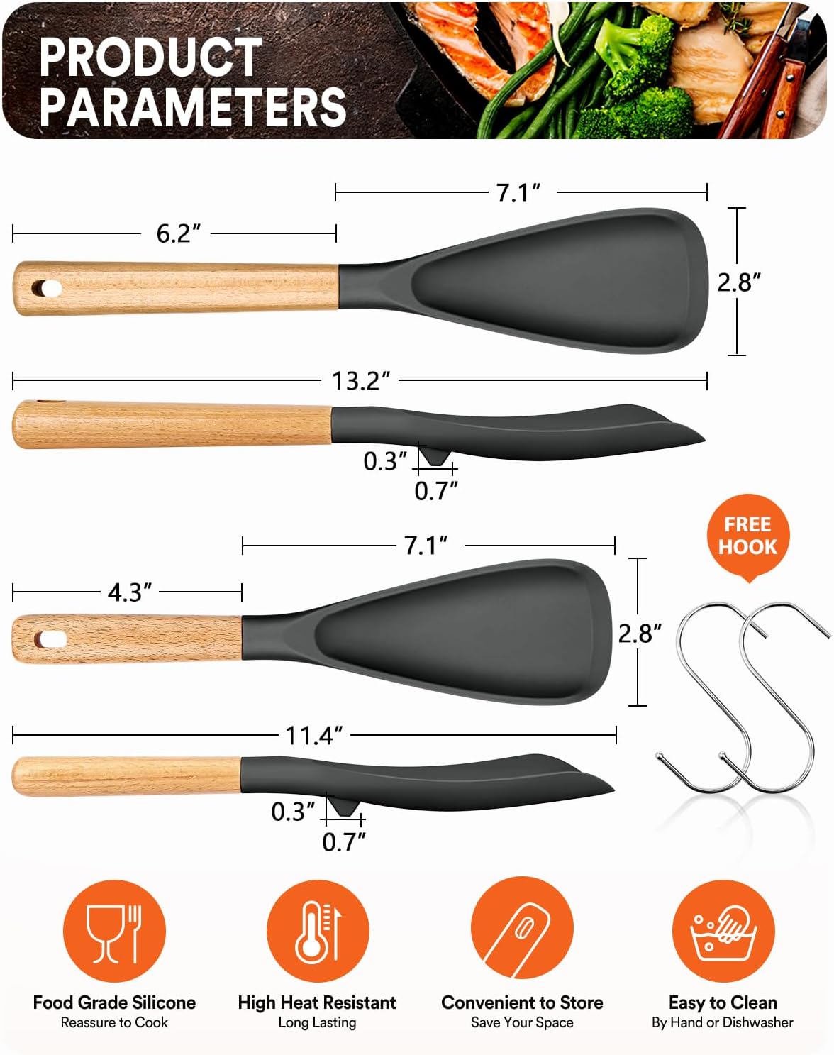 Badiano Multifunction Cooking Spoon for Nonstick Cookware,11.4"&13.4",Black