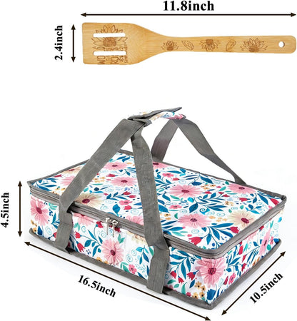Pioneer Woman Style Insulated Casserole Carrier for Hot or Cold Food, Fits 9x13 Baking Dish,Floral Thermal Lasagna Lugger Tote with Oven Mitts and Pot Holders Set,Gift for Women, Mother's Day.3 PCS