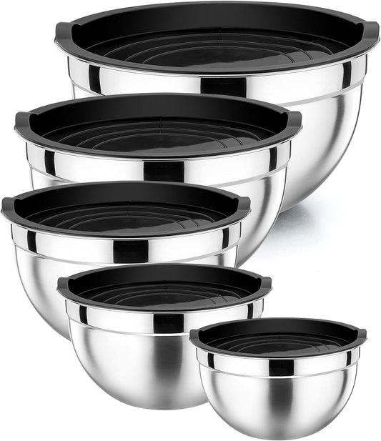 P&P CHEF Mixing Bowls with Airtight Lids Set of 5, 10-Piece Stainless Steel Mixing Nesting Bowl, Metal Bowl with Lid for Kitchen Prepping & Storing, Size 4.6, 3, 1.5, 1, 0.7 QT, Multicolor