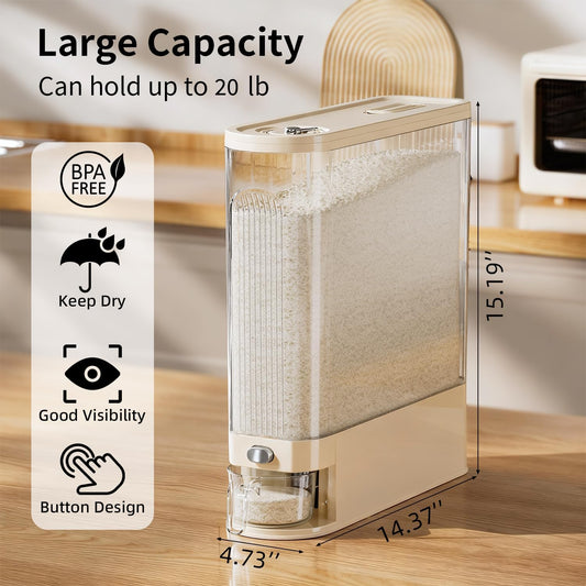 Rice Bucket, 20 lb. Multigrain Can, Visually Sealed Moisture-Proof Rice Storage Container with Measuring Cup, Large Bore Food Grade Grain Dispenser, BPA Free rice dispenser