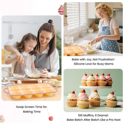 Silicone Muffin Pans for Baking 2 Pack, 2.6 Inch with Metal Reinforced Frame, Regular Size Nonstick Cupcake Pan 12 Cups for Baking Homemade Muffins, Dishwasher Safe BPA Free-Blue