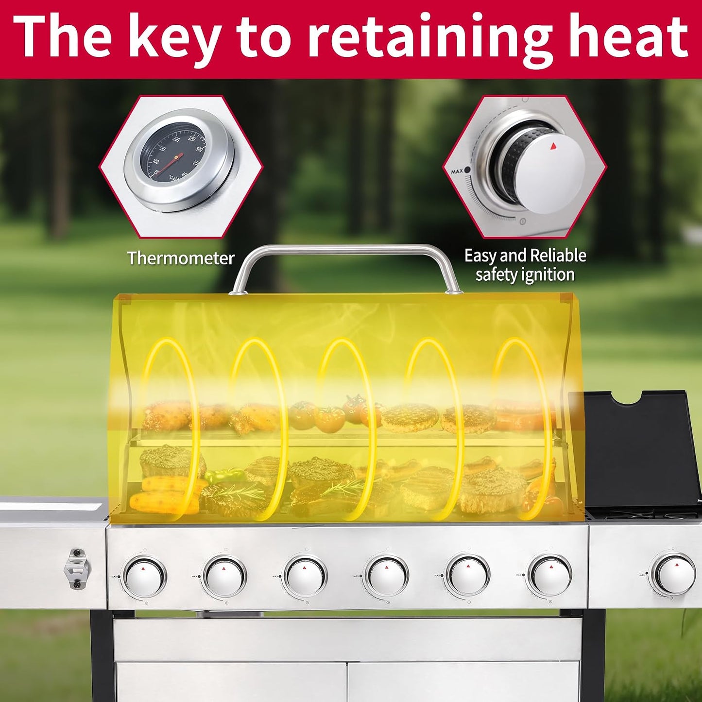 6-Burner BBQ Grill with Side Burner - 69,000 BTU Propane Gas Grill with Cast Iron Grate, Stainless Steel - 620 Sq. In. Cooking Area Cabinet Style Outdoor Grill for Barbecue & Backyard