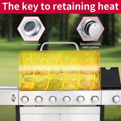 6-Burner BBQ Grill with Side Burner - 69,000 BTU Propane Gas Grill with Cast Iron Grate, Stainless Steel - 620 Sq. In. Cooking Area Cabinet Style Outdoor Grill for Barbecue & Backyard