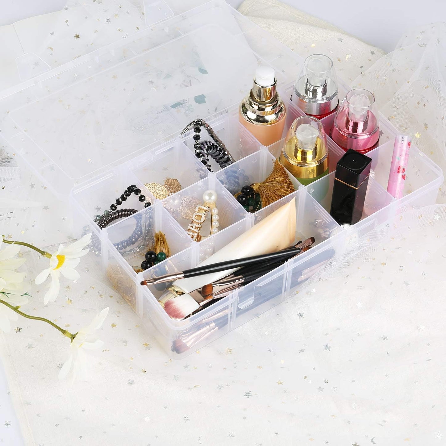 Umirokin 2 Pack 15 Grids Clear Plastic Organizer Box with Adjustable Dividers, Craft Storage Containers for Jewelry, Beads, Screws, Tackle Box, Washi Tapes, Small Parts Organizer for Arts and Crafts