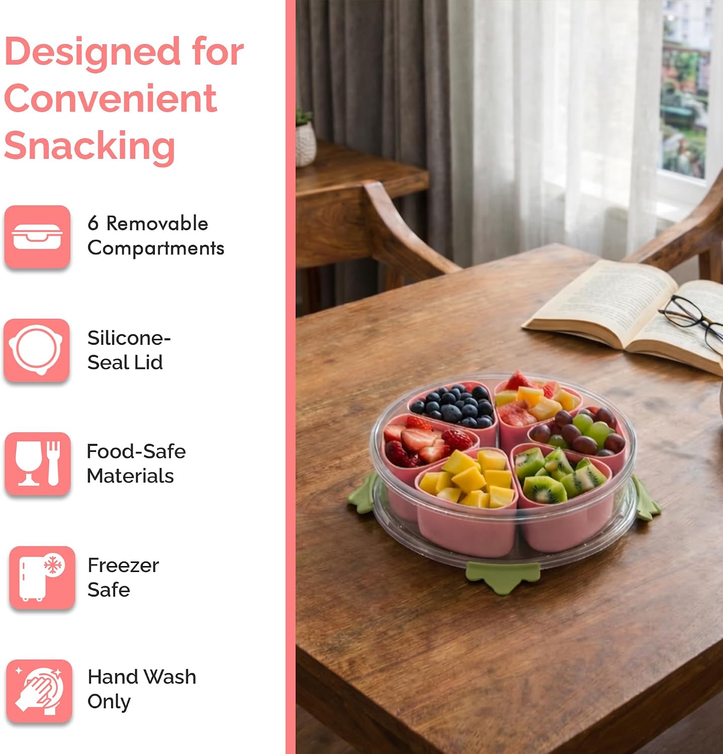Divided Serving Tray with Lid,Stackable Snackle Box Strawberry Container for Fruits Candy Organizer, Portable Rounded Veggie Tray for Kitchen, Party, Trave and Picnic (Pink)
