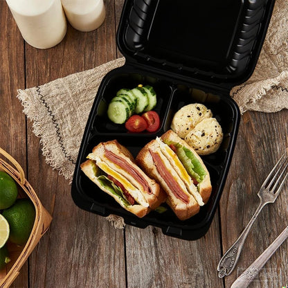 50Pack 8" X 8" 3-Compartment Clamshell To Go Food Containers With Secure Snap Lids - Heavy Duty Take out Containers Disposable To Go Plate For Carryout Meal Prep Catering (Black 3-Compartment)