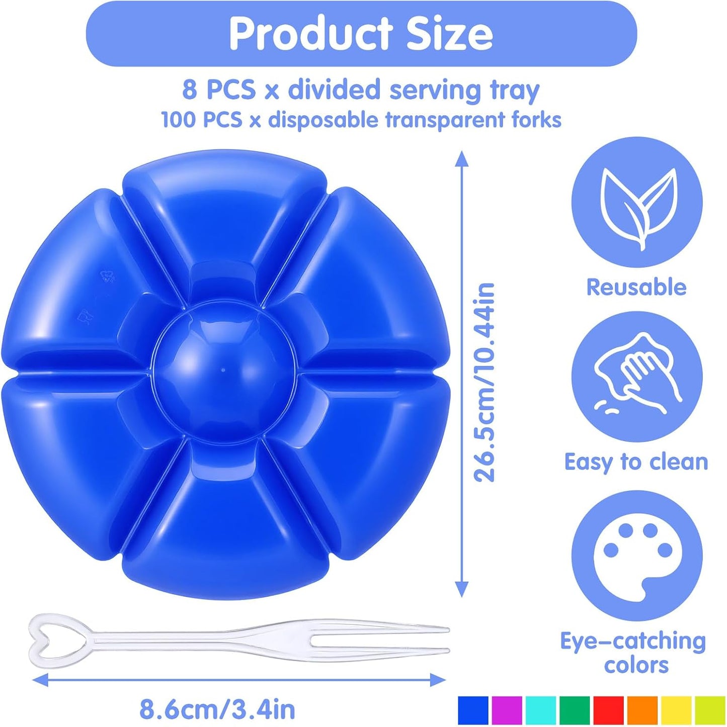 8-Pack Plastic Divided Serving Trays with 100 Forks, 7-Compartment Round Chip & Dip Plates, 10.4" Snack Platters for Party, Candy, Nuts, Fruits (8 Vibrant Colors)