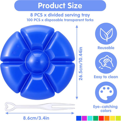 8-Pack Plastic Divided Serving Trays with 100 Forks, 7-Compartment Round Chip & Dip Plates, 10.4" Snack Platters for Party, Candy, Nuts, Fruits (8 Vibrant Colors)