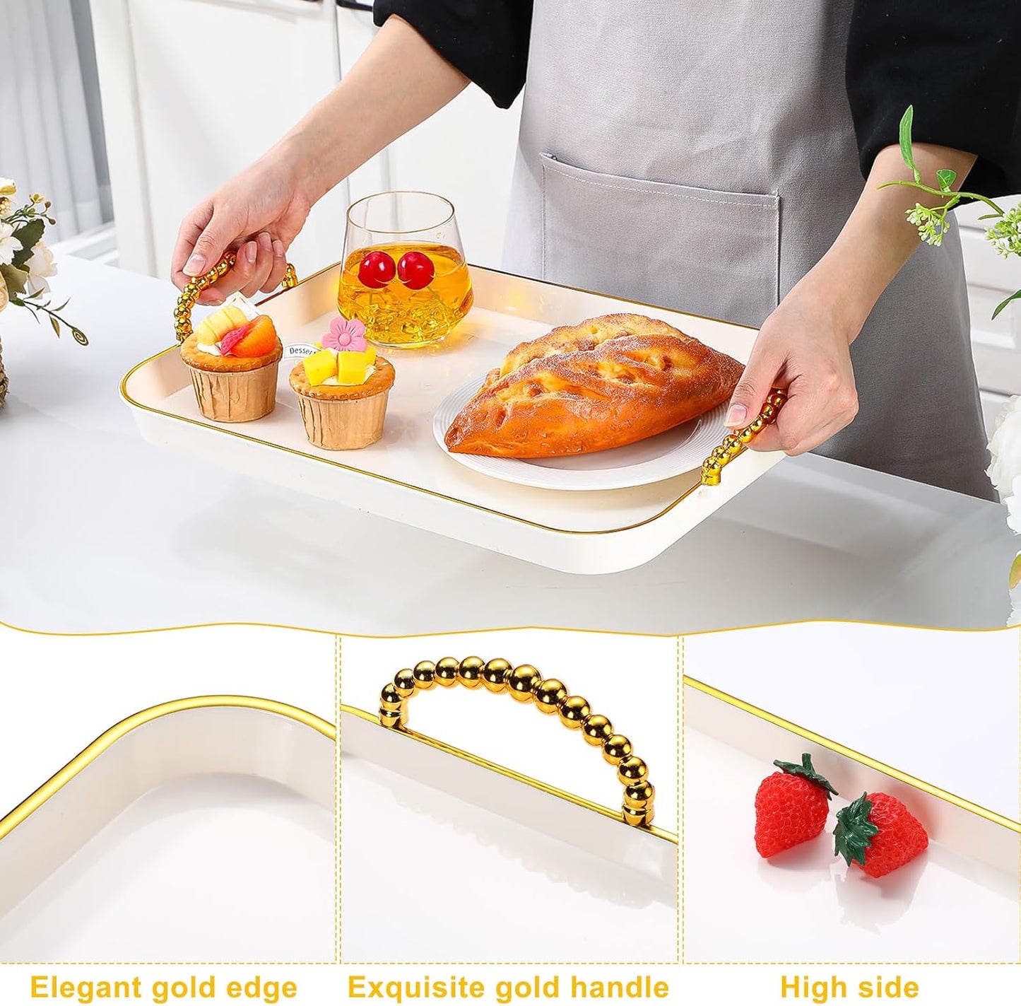 Rtteri Set of 6 Serving Platters with Handles 18.3/16.73/14.8 Inch Large Rectangular Trays, Reusable Pet Plastic for Entertaining, Dinner Parties, Weddings(Round Beads Handles,White)