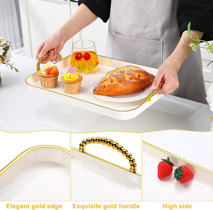 Rtteri Set of 6 Serving Platters with Handles 18.3/16.73/14.8 Inch Large Rectangular Trays, Reusable Pet Plastic for Entertaining, Dinner Parties, Weddings(Round Beads Handles,White)