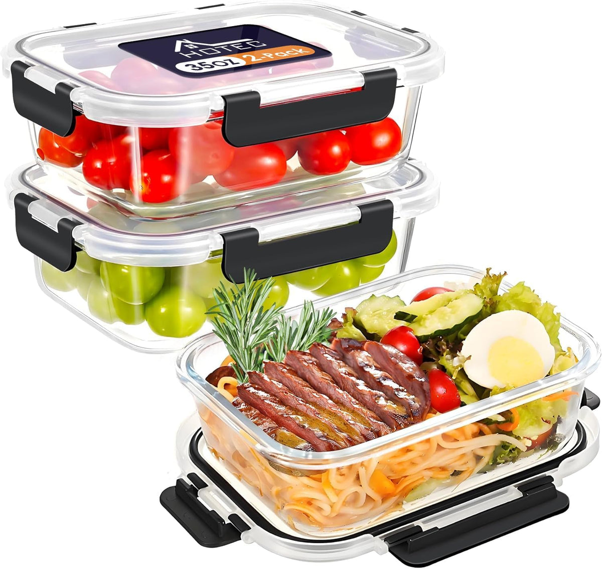 HOTEC 35OZ Glass Food Storage Container, Airtight Glass Lunch Fruit Containers with Lids - Microwave, Oven, Freezer and Dishwasher Safe, 4-PACK