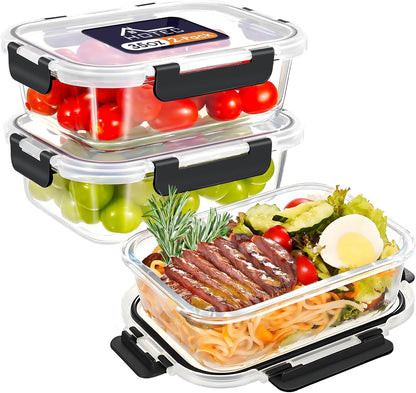 HOTEC 35OZ Glass Food Storage Container, Airtight Glass Lunch Fruit Containers with Lids - Microwave, Oven, Freezer and Dishwasher Safe, 4-PACK
