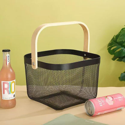 AJIODA Metal Mesh Wire Basket, Large Steel Basket with Wooden Handle Storage Organizer Basket Multi-functional Hanging Kitchen Baskets Fruit Baskets for Kitchen Bathroom Cabinet Pantry Snacks, Black