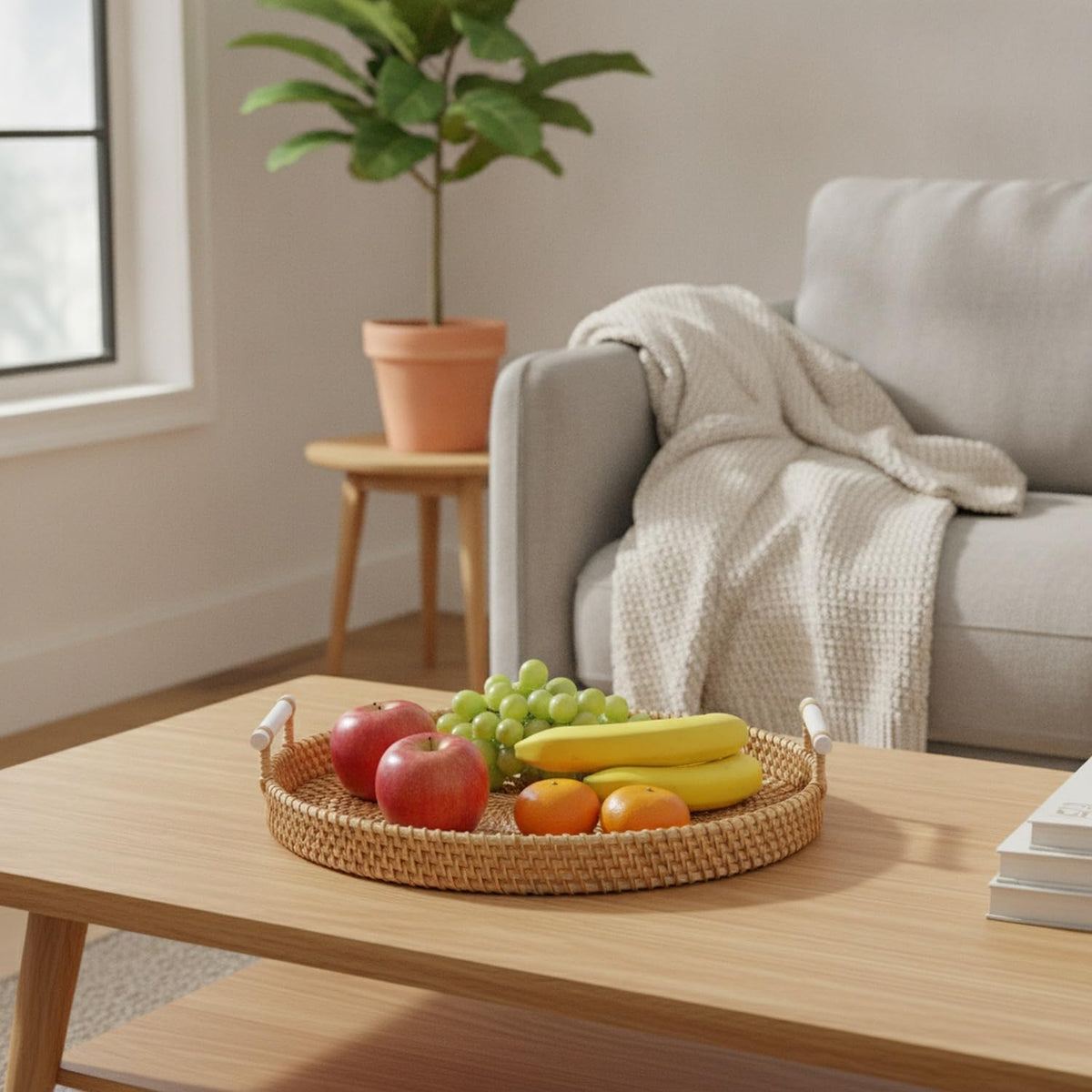 Hand Woven Rattan Basket with Wood Handle, Open Weave Storage Bin for Countertop Organization, Produce, and Home Decor