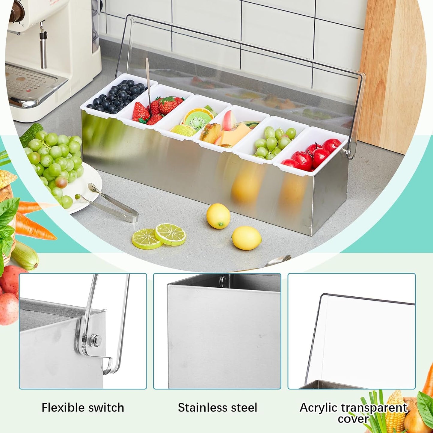 Mifoci 1 Pack Stainless Steel Chilled Condiment Server 6 Removable Slot Toppings Containers with Lid and Bottom Ice Bar Garnish Tray with 9 Silverwares 4 Ice Boxes for Christmas Party, Events and Bar