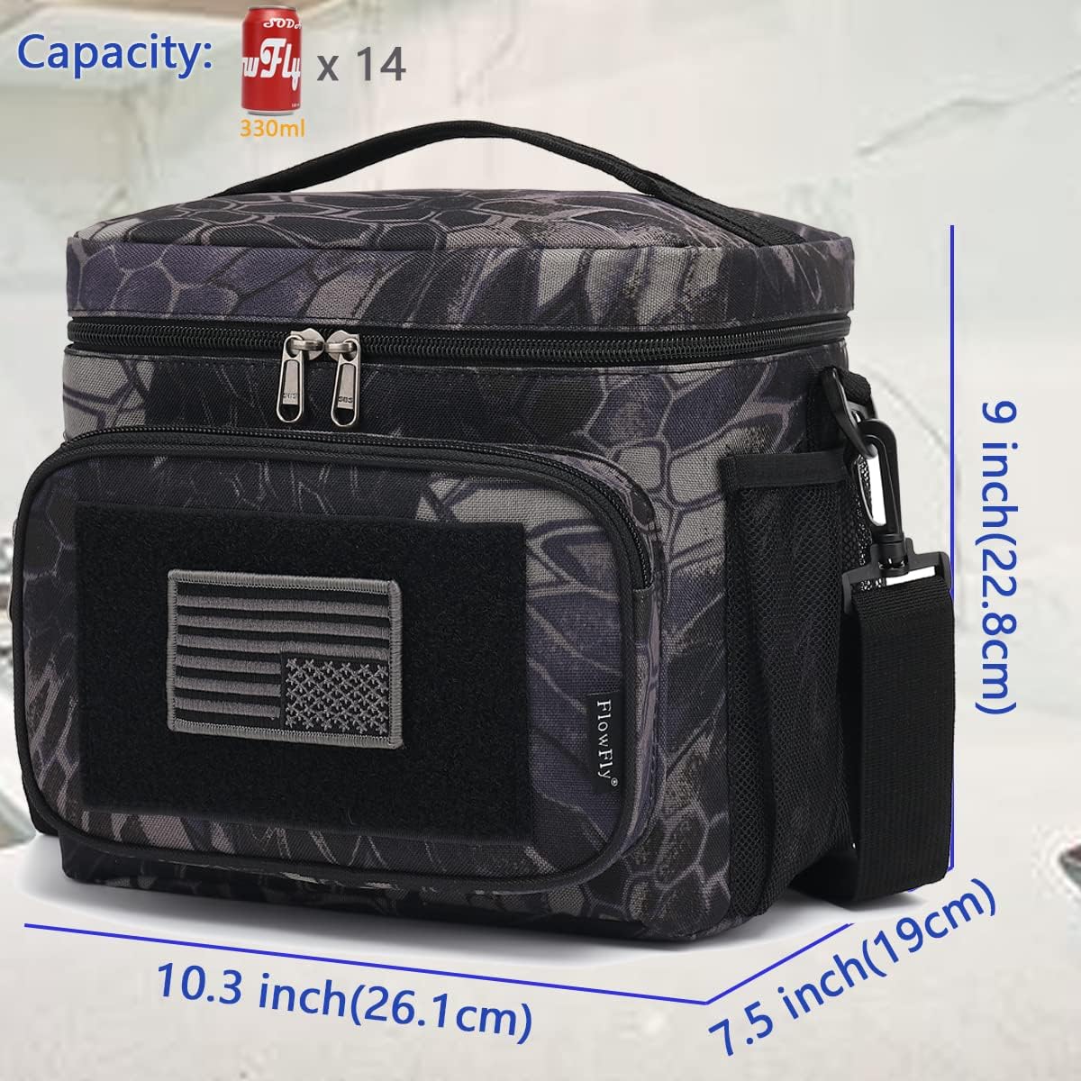 FlowFly Lunch Bag, Insulated Cooler, Thermal Lunch Box Tote with MOLLE/PALS Webbing, Adjustable Padded Shoulder Strap, for Tactical Men Women Adults and Boys Girls Kids (Cyan, Medium)