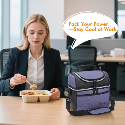 Tirrinia Reusable Lunch Box for Men Women, Insulated Lunch Bag Adult Work, Double Decker Leakproof Lunchbox for Office Picnic Beach—Dual Compartment Lunch Cooler Bag