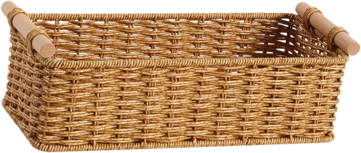 Handwoven Storage Basket Decorative Basket Rectangular with Handles Organizer for Living Room Toilet Pantry Bookcase Cabinet, Style B