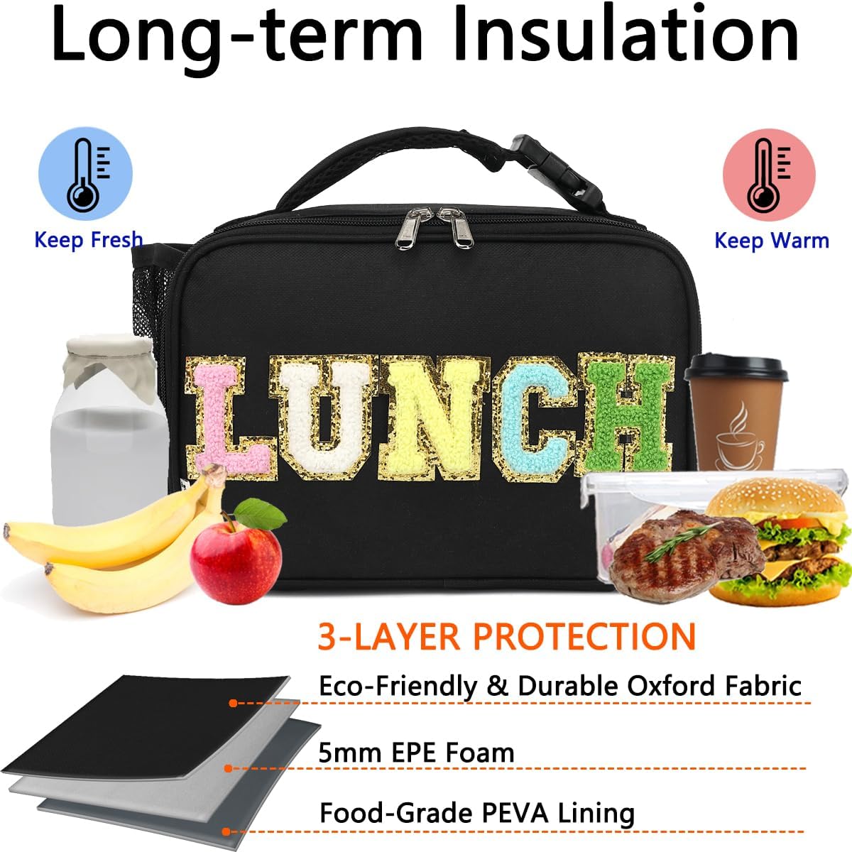 GYEUKHAM Insulated Lunch Box for School, Thermal Reusable Durable Freezable Lunch Bags for Kids Boys Girls Men Women - Small Soft Cooler Portable Lunch Tote Kit for Work Picnic Travel,Black
