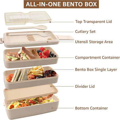 Bento Box Japanese Lunch Box Kit Leakproof Bento Lunch Box for Kids Adults Wheat Straw 3 Layer Stackable Lunch Containers with Compartment Eco-Friendly Meal Prep Containers (Beige)