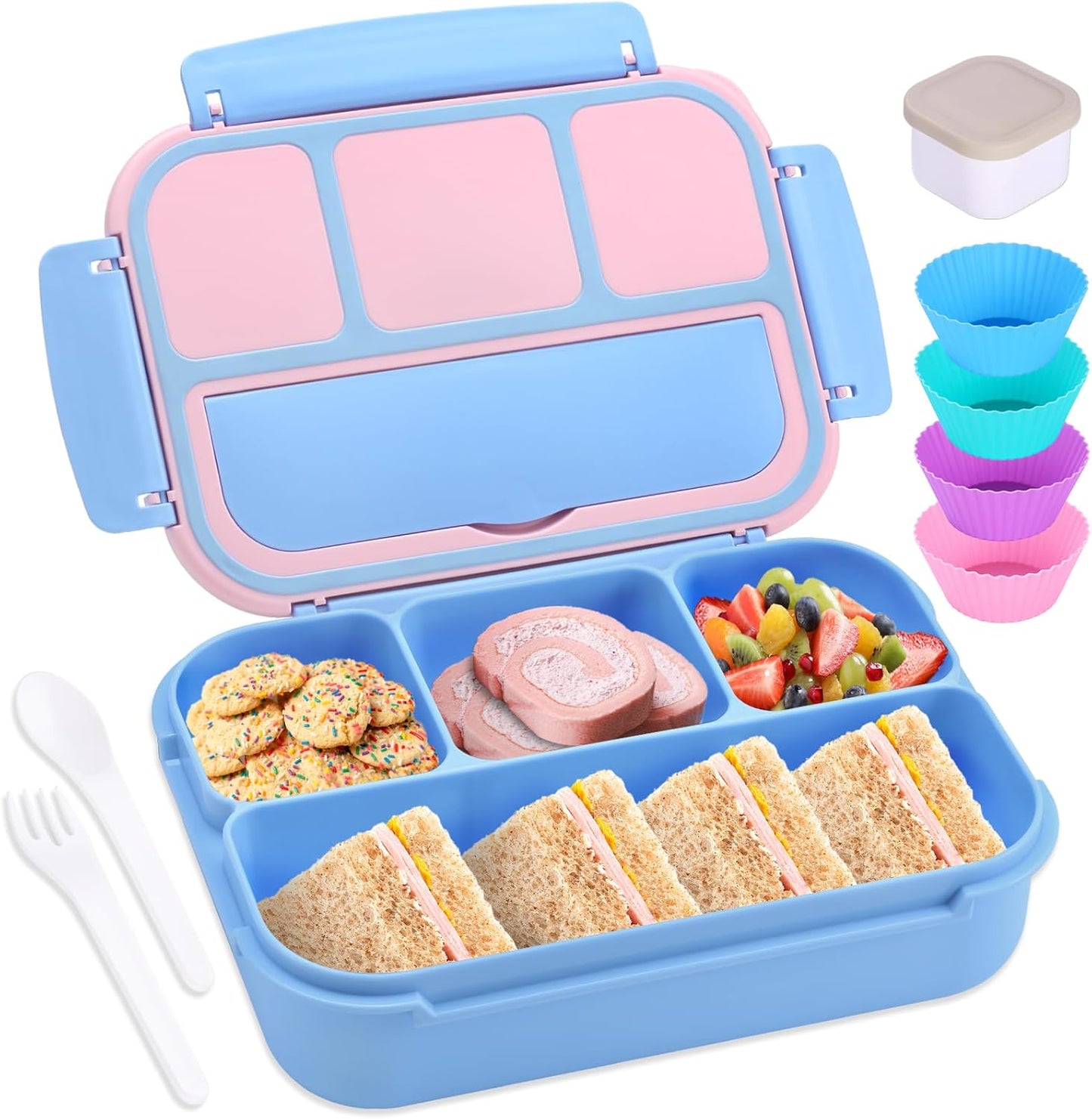 Bento Box Adult Lunch Box, Lunch Containers for Kids Girls Boys with 4 Compartments, Lunchable Food Container with Utensils, Sauce Jar, Muffin Liners, 40 Oz/5 Cup, Microwave Safe, Lavender