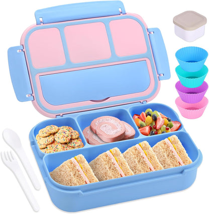 Bento Box Adult Lunch Box, Lunch Containers for Kids Girls Boys with 4 Compartments, Lunchable Food Container with Utensils, Sauce Jar, Muffin Liners, 40 Oz/5 Cup, Microwave Safe, Lavender