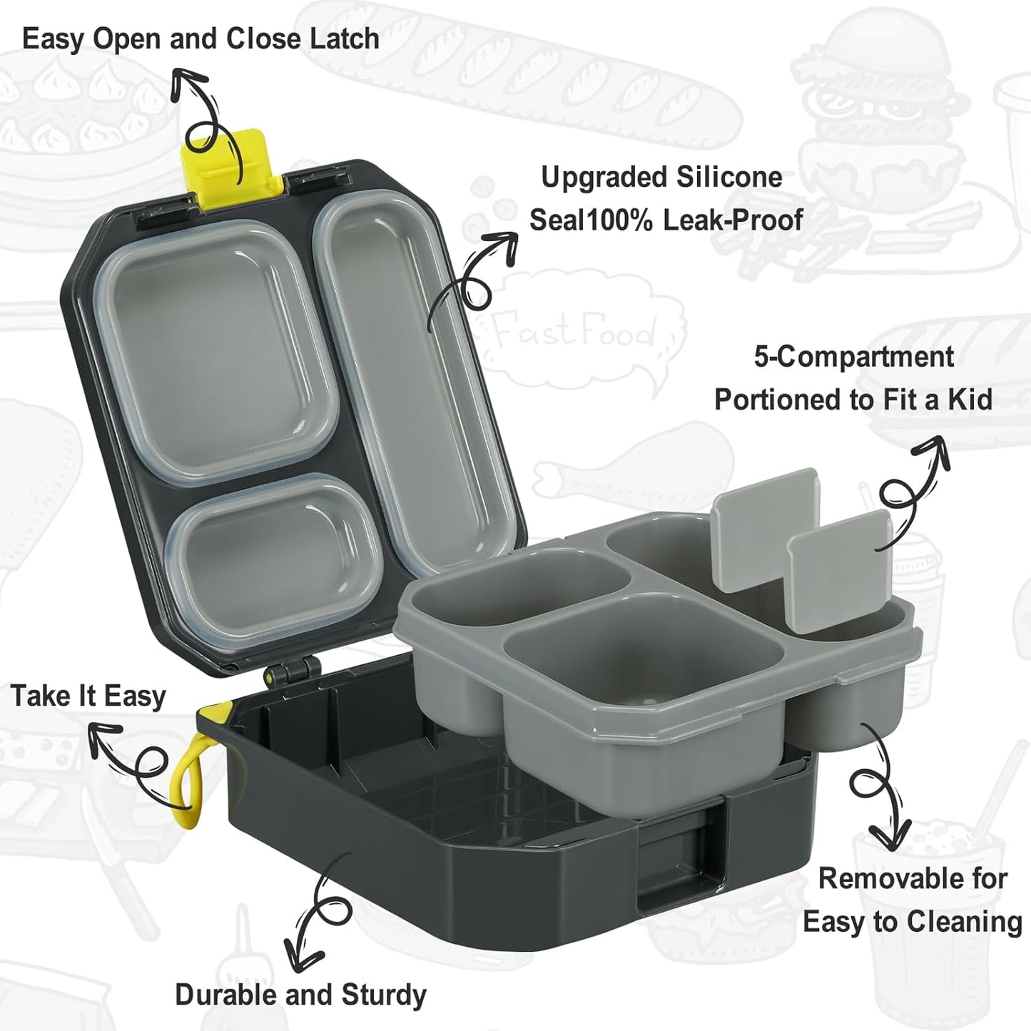 Itslife Bento Lunch Box Set for Kids with 12oz Soup Thermo&Lunch Bag, Leak-Proof Lunch Food Containers for Kids School, 5 Compartment, Sauce Cup, 10 Notes (Dinosaurs Black)
