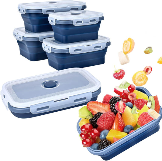 Collapsible Silicone Food Storage Container, Meal Prep Food Storage Containers with Lids, Lunch Containers Collapsible Bowls Sets for Microwave, Oven, Freezer and Dishwasher, BPA Free, Dark Blue