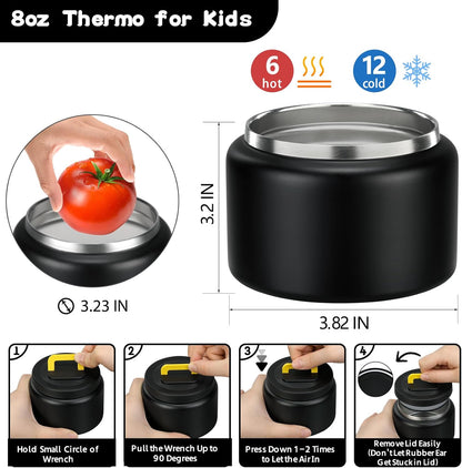 MAISON HUIS Bento Lunch Box with 8oz Soup Thermo and Insulated Lunch Bag, Kids Leakproof Lunch Food Containers with 5 Compartment, Boys Girls Thermo Hot Food Jar for Travel, School, BPA Free (Black)