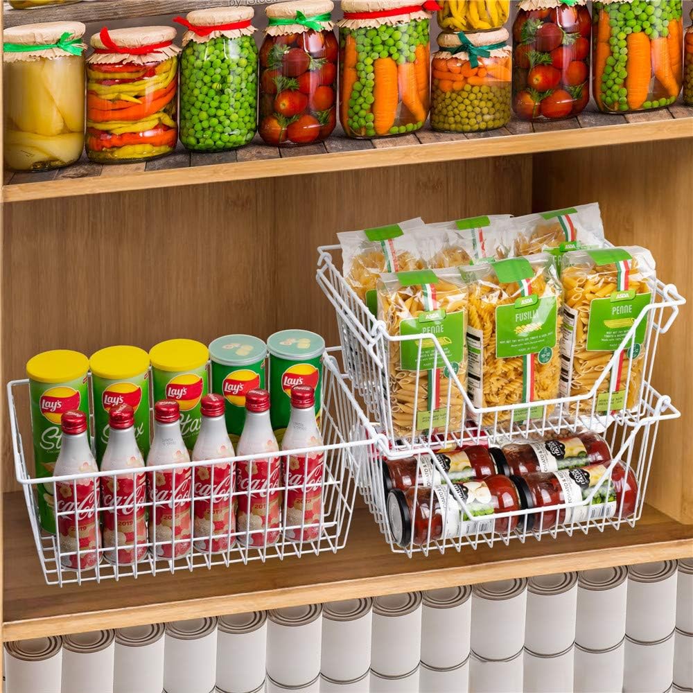 SANNO Freezer Baskets for Storage Pantry Large Metal Wire Food Storage Organizer Bin Basket with Handles - for Kitchen Cabinets, Pantry, Bathroom, Laundry Room, Closets, Garage - Chrome，2 pack