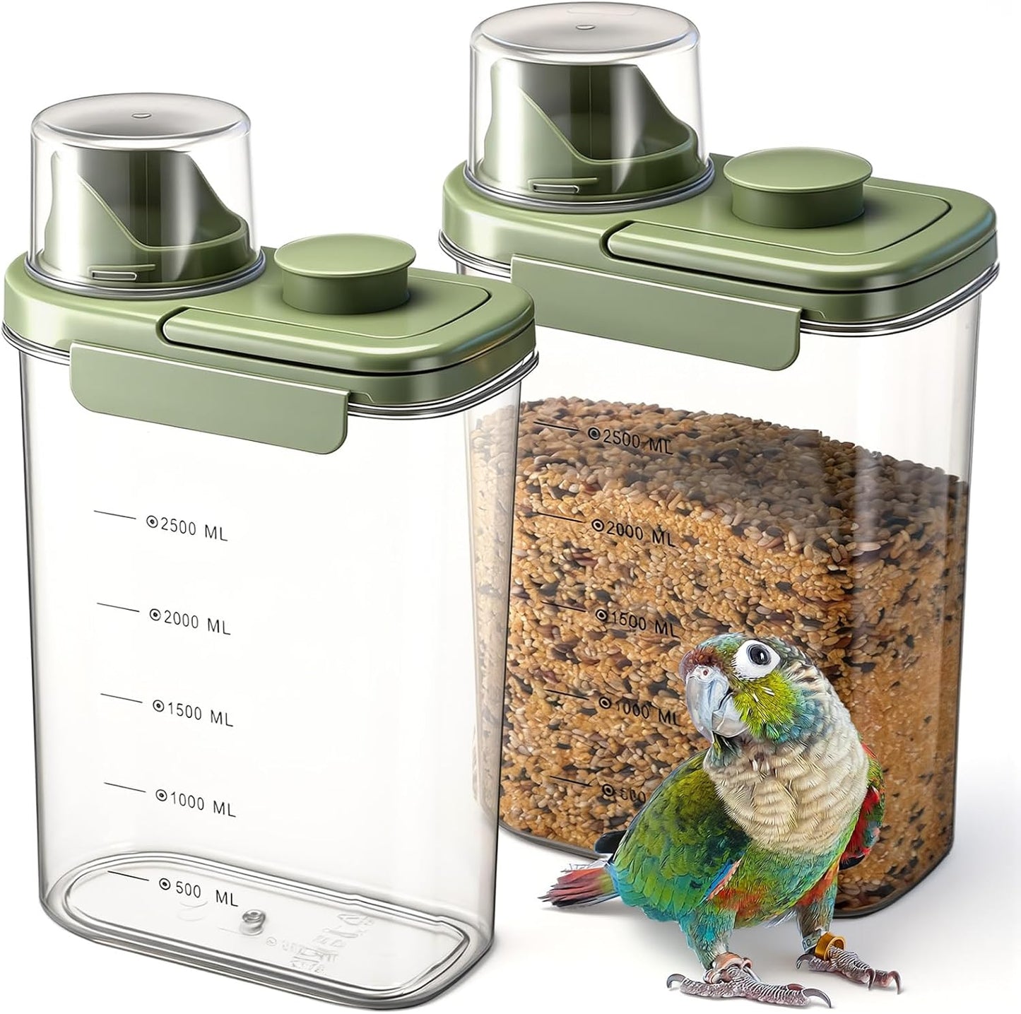 Maxdot 2 Pcs Bird Seed Storage Container 3 Qt/2.8 L with Tight Lids Airtight Cup Pet Food Storage Measuring Containers Lids with Pouring Spouts for Macaws African Grey Cockatoos (Beige)