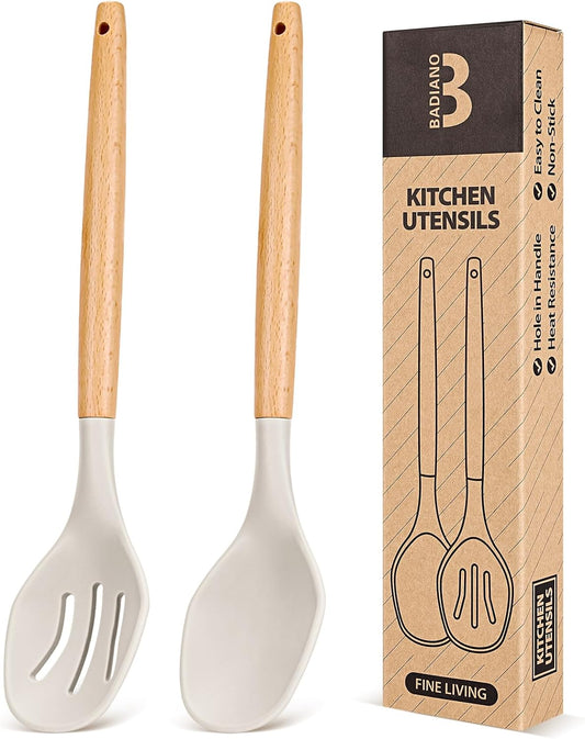 Badiano Large Silicone Cooking Spoons Set, Solid & Slotted, 2 Pack, Khaki