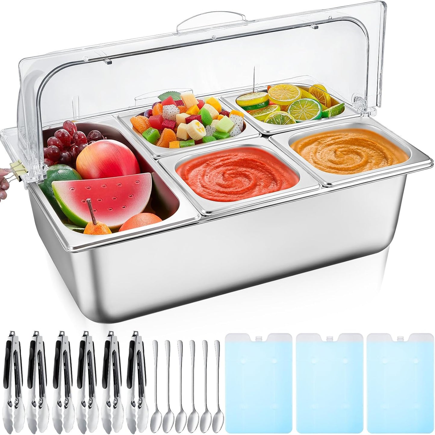 Condiment Tray Stainless Steel Serving Display Set with Lid for Buffet Restaurant Kitchen, Food Chilled Container for Salad Fruit Condiments, Keeps Food Fresh with Ice Box(6 Compartments)