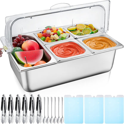 Condiment Tray Stainless Steel Serving Display Set with Lid for Buffet Restaurant Kitchen, Food Chilled Container for Salad Fruit Condiments, Keeps Food Fresh with Ice Box(6 Compartments)