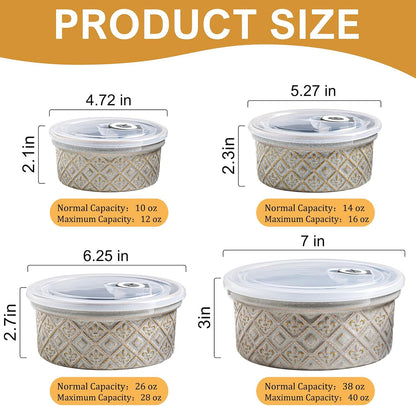 Airtight Food Storage Containers with Lids Mixing Bowls Set, Ceramic Serving Bowls with Lids Set of 4, 12/16/28/40 oz Stackable Nesting Salad Bowls for Cooking, Baking, Ramen - Beige