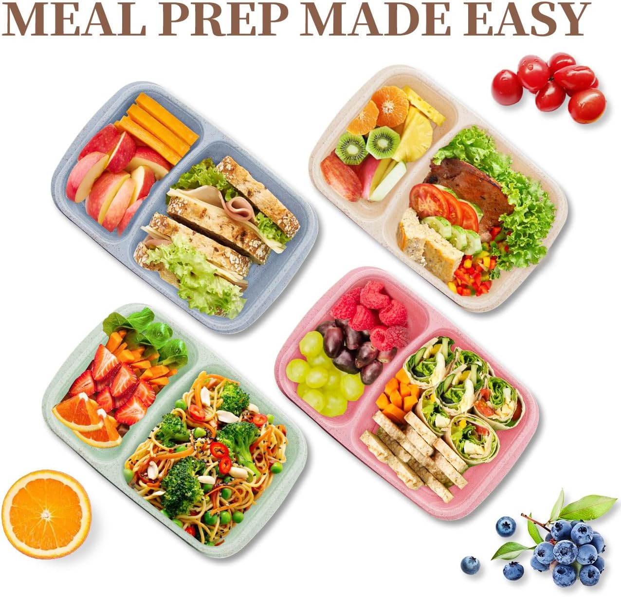 4 pack Bento Lunch Box, Snack Containers，Meal Prep Containers Kids/Toddle/Adults,Food Storage Containers for School, Work and Travel (4 and 3 Compartment Multicolor)