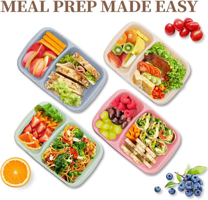 4 pack Bento Lunch Box, Snack Containers，Meal Prep Containers Kids/Toddle/Adults,Food Storage Containers for School, Work and Travel (4 and 3 Compartment Multicolor)