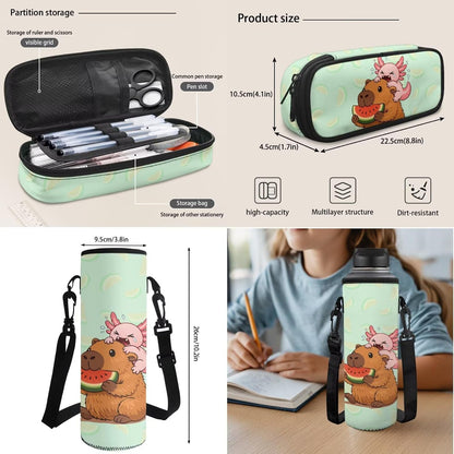 Cute Capybara Pizza Backpack for Girls, 5 Pcs Boys School Bag Set for Kids, 17 Inch Backpacks Lunch Pencil Box Reusable Utensils Case Set for Middle Elementary School, 3rd Grade Backpack