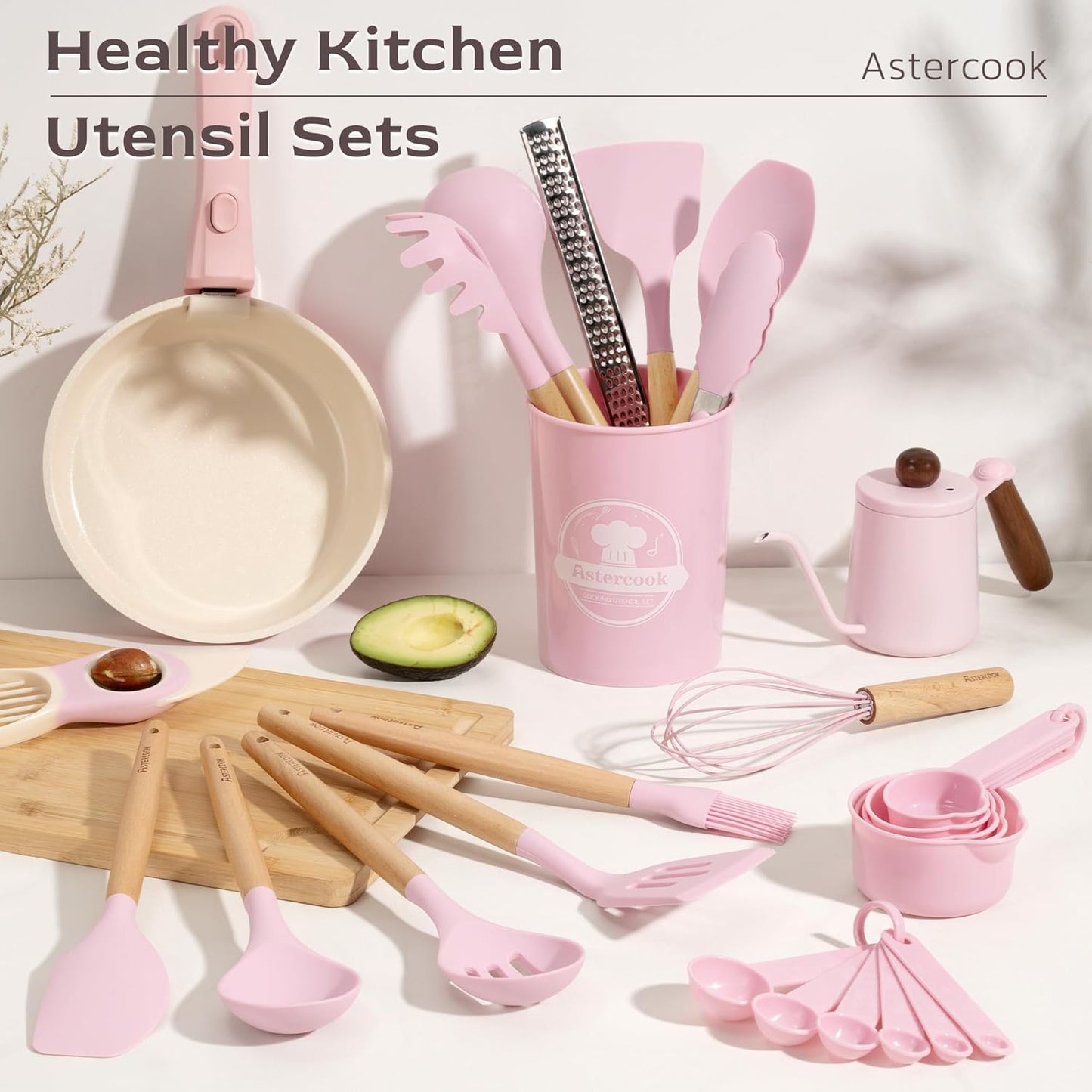 Astercook 39 PCS Kitchen Utensils Set, Silicone Cooking Utensil Sets with Wooden Handle, 446°F Heat Resistant Food Grade Spatula Set, BPA Free Kitchen Gadgets Tools Set & Spoons for Nonstick Cookware