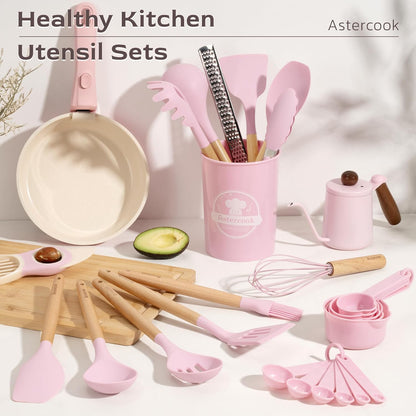 Astercook 39 PCS Kitchen Utensils Set, Silicone Cooking Utensil Sets with Wooden Handle, 446°F Heat Resistant Food Grade Spatula Set, BPA Free Kitchen Gadgets Tools Set & Spoons for Nonstick Cookware