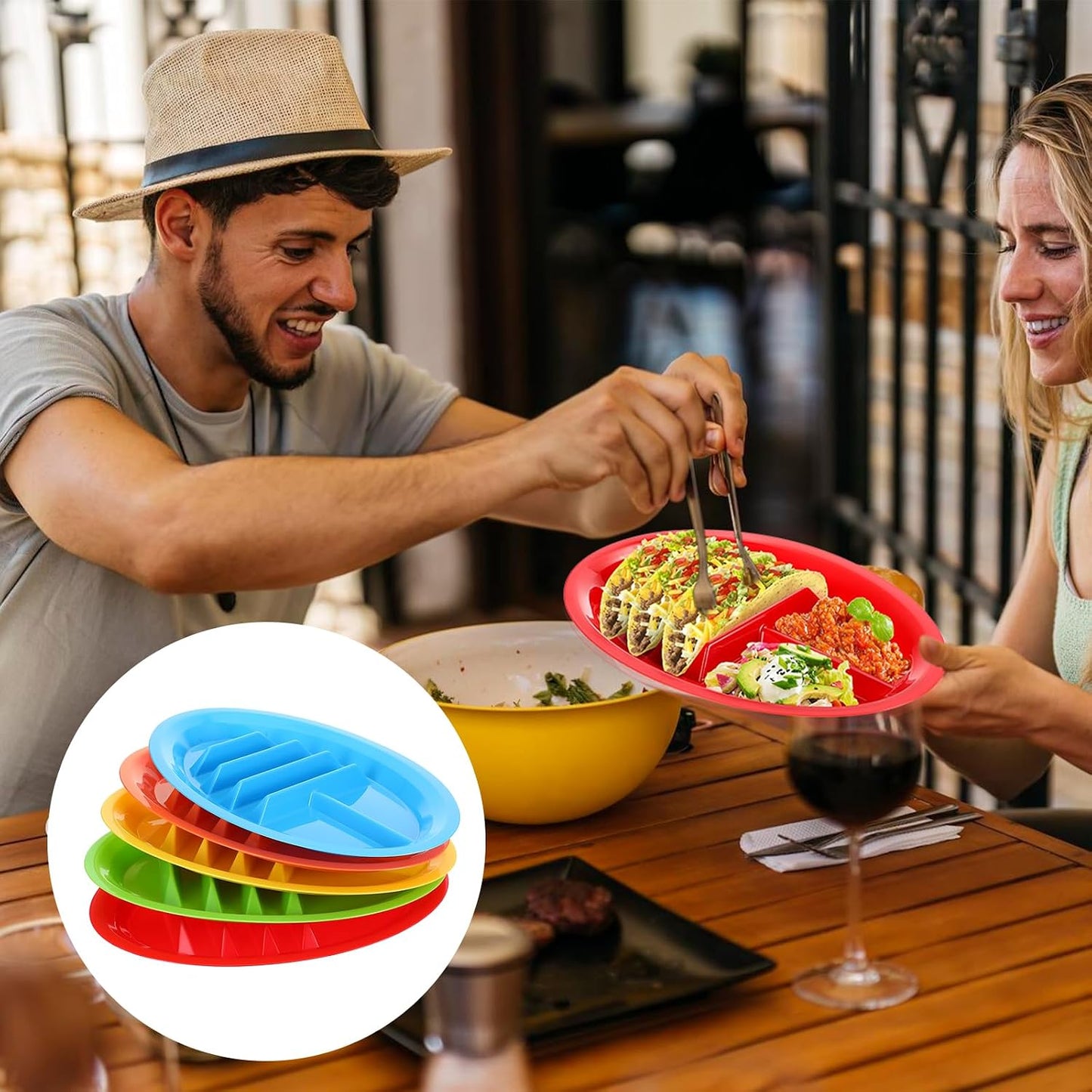 10 Pack Plastic Taco Plates with Dividers, 12.8 x 8.66 Inch Taco Holder Plate for Parties - BPA Free Plastic Serving Trays for Tacos Tuesday, Microwave & Dishwasher Safe (5 Vibrant Colors)