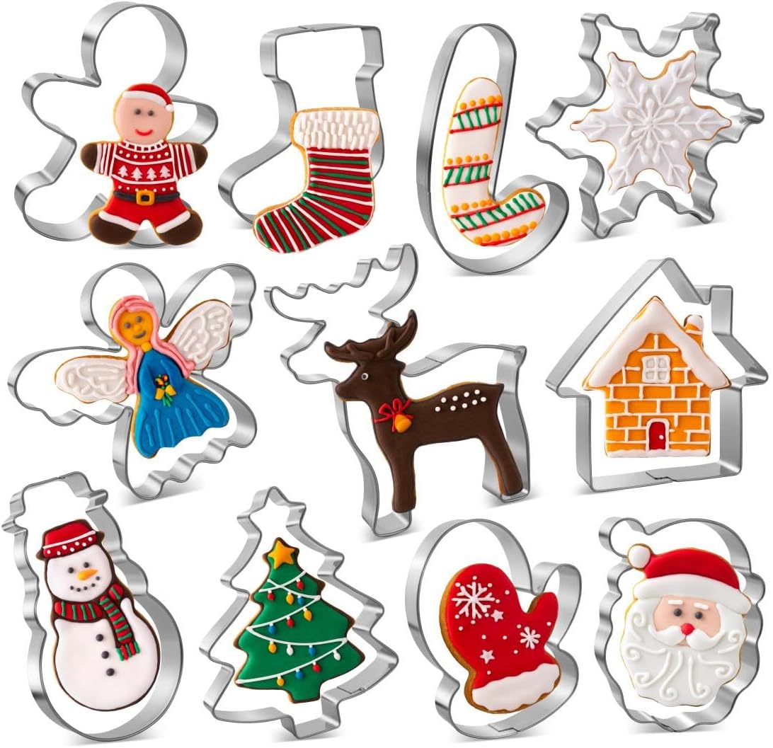 Christmas Cookie Cutters Set, HUINF 11Pcs Cookie Cutters Variety Pack - Gingerbread Men, Christmas Tree, Snowflake, House, Candy Cane, Santa Face, Reindeer and More for Christmas Winter Holiday