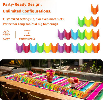Microwave Safe Taco Holder Set of 12, Colorful Taco Stand with 2 Condiment Dishes,Taco Tray Plates for Taco Bar Gifts & Accessories,Large Plastic Stackble&Convenient Taco Shell Rack,BPA-Free