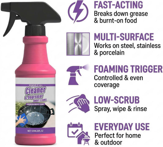 Fast-Acting Heavy-Duty Grill Degreaser Spray, Grease & Burnt Residue Cleaner for BBQ Grates Oven Stovetop Range Hood, Easy-Clean Kitchen Cleaner for Indoor Outdoor Cooking Surfaces (1pc)