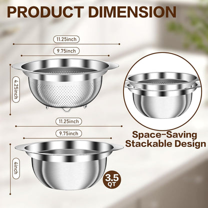 Stainless Steel Strainer with Mixing Bowl, Rice Washer, Colander for Kitchen, Rice Strainer, Fruit and Vegetable Wash, Microporous Colander, Fruit Cleaner Bowl, Dishwasher Safe